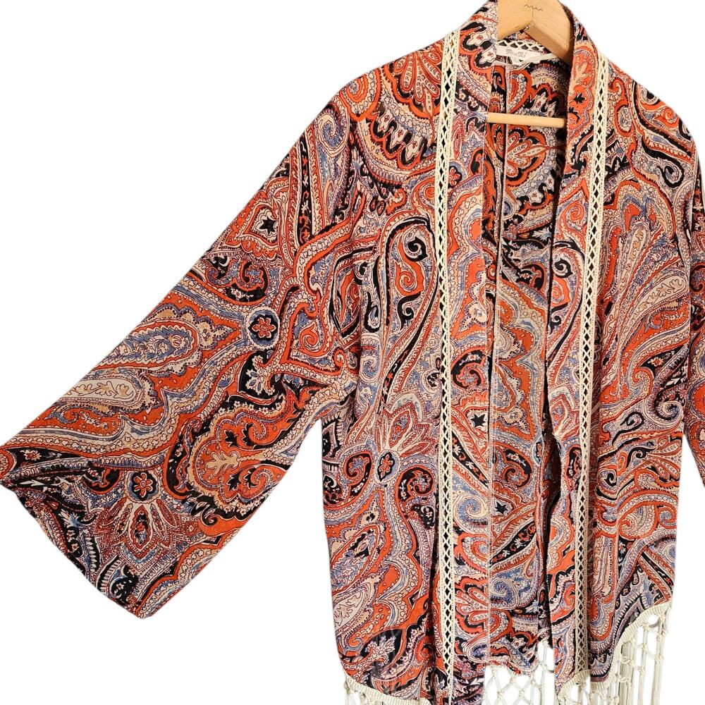 Miss Me Boho Style Paisley Print Open Front Cardigan Fringe Hem Festival Small - Picture 5 of 14